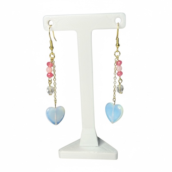 Hand Crafted Jewelry - Elegant Pink Heart Dangle Gemstone Earrings